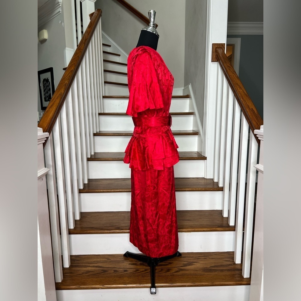 Vintage 80s Red Silk Peplum Dress Midi Belted Cocktail Party Size 12 - Picture 5 of 9